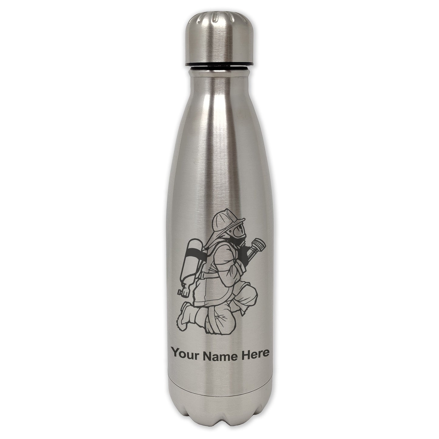 LaserGram Single Wall Water Bottle, Fireman with Hose, Personalized Engraving Included
