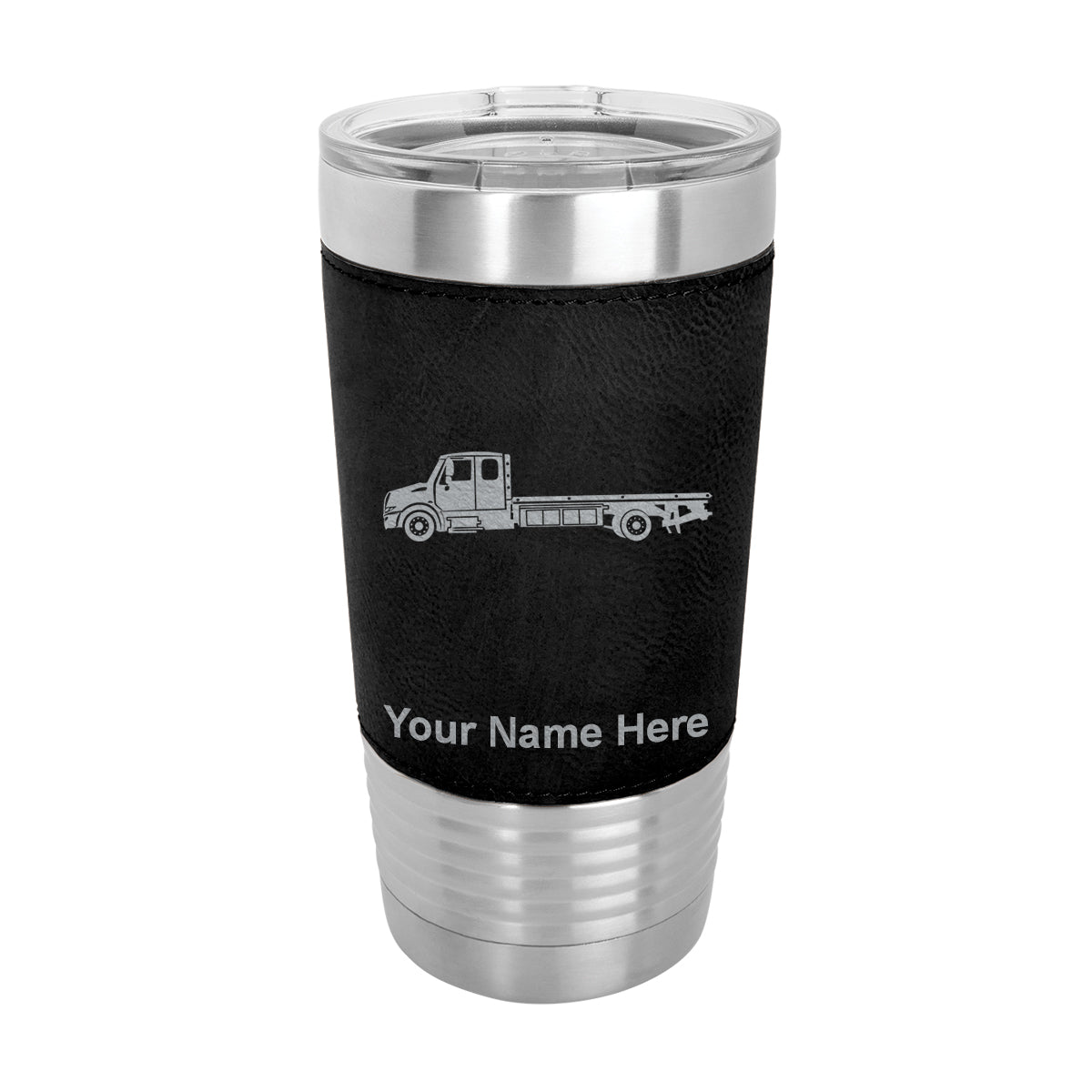 20oz Faux Leather Tumbler Mug, Flat Bed Tow Truck, Personalized Engraving Included - LaserGram Custom Engraved Gifts
