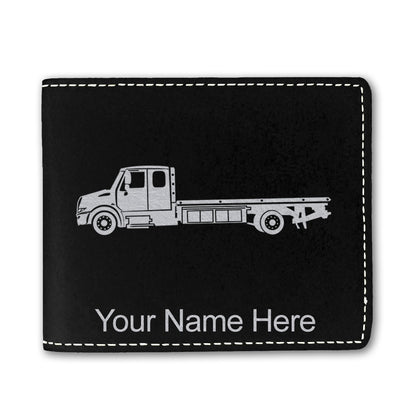 Faux Leather Bi-Fold Wallet, Flat Bed Tow Truck, Personalized Engraving Included