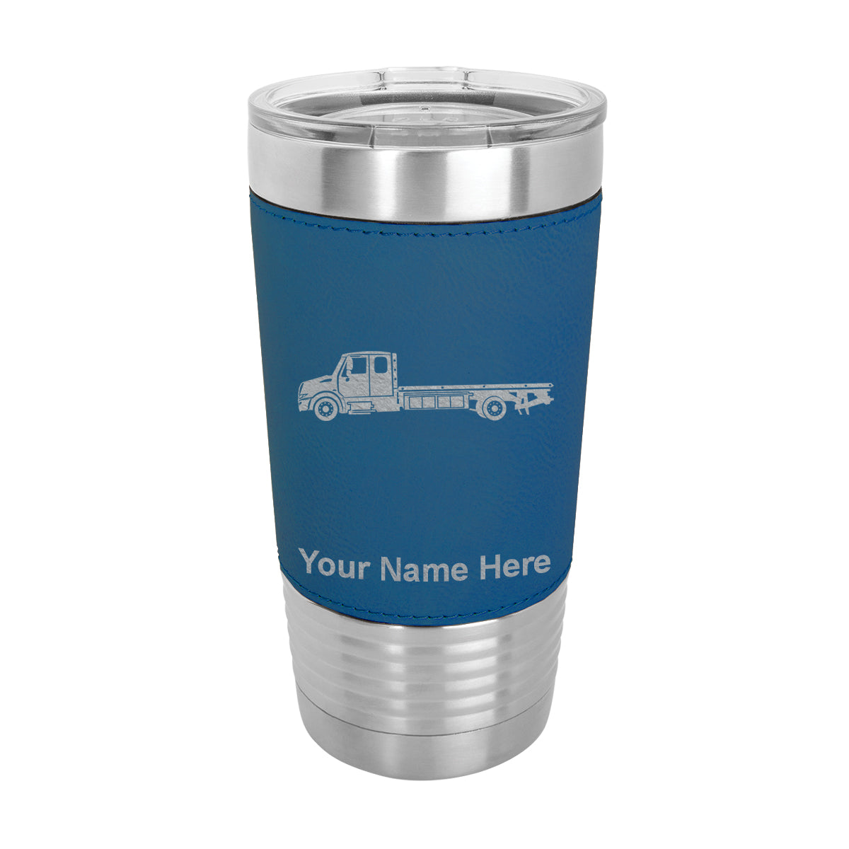 20oz Faux Leather Tumbler Mug, Flat Bed Tow Truck, Personalized Engraving Included - LaserGram Custom Engraved Gifts