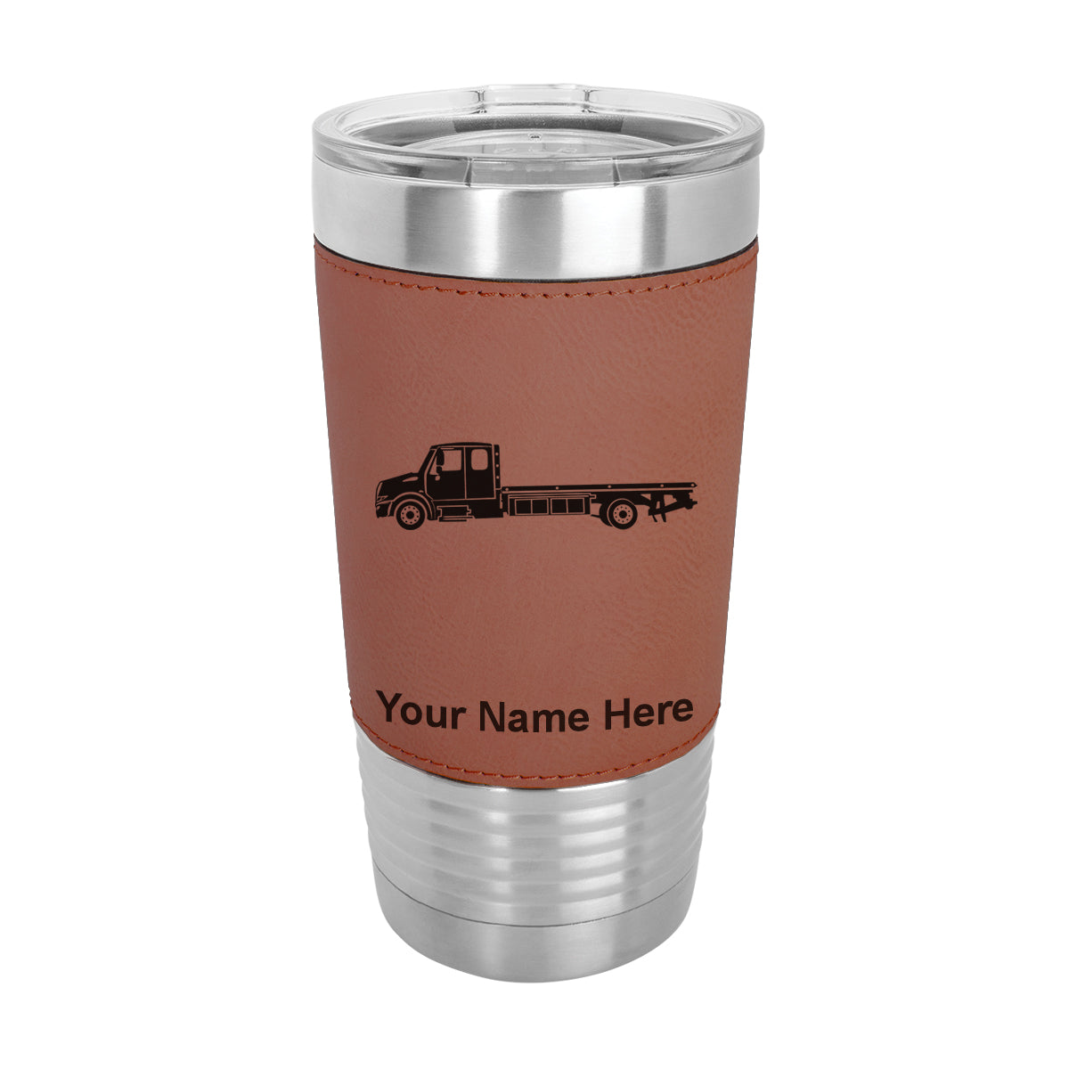 20oz Faux Leather Tumbler Mug, Flat Bed Tow Truck, Personalized Engraving Included - LaserGram Custom Engraved Gifts