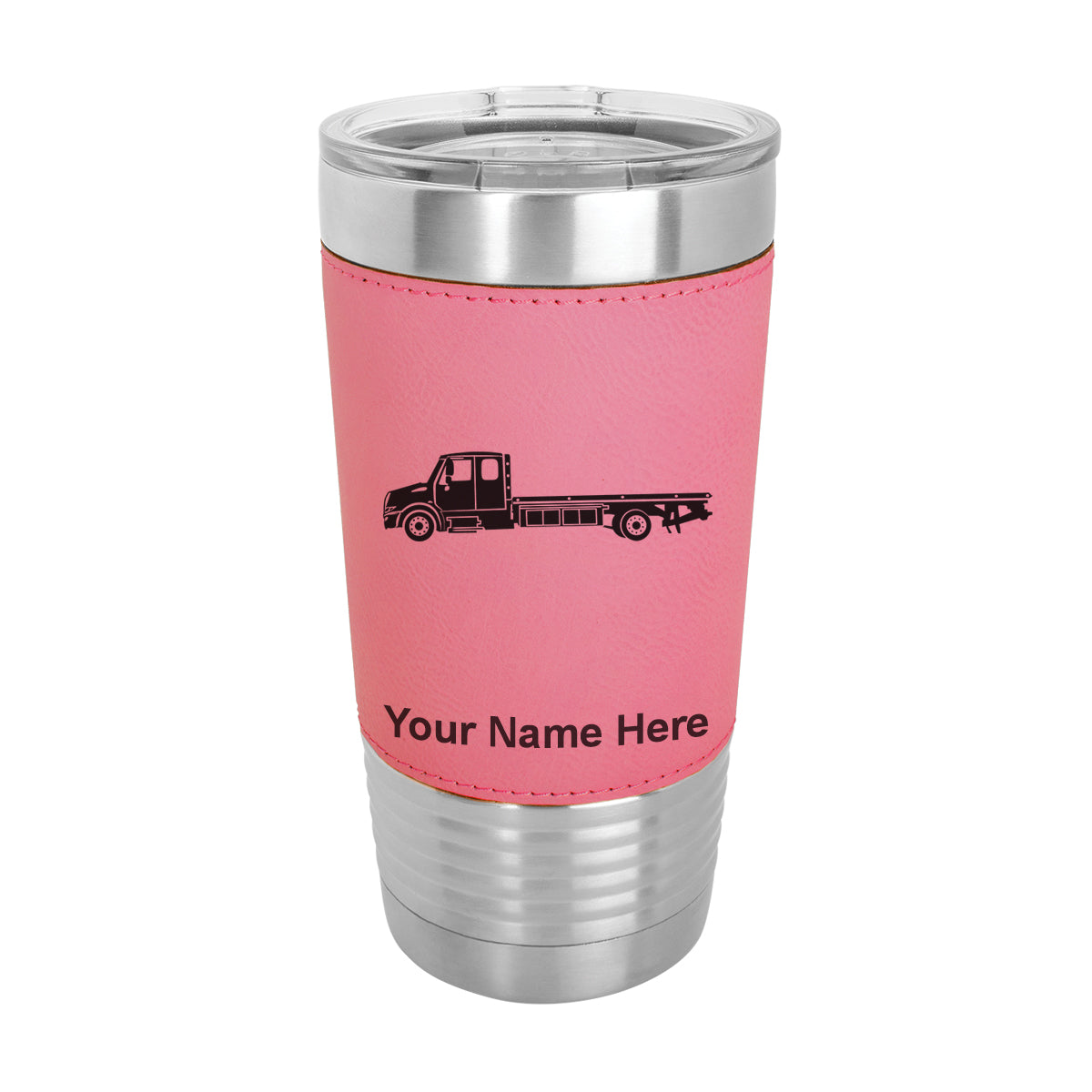 20oz Faux Leather Tumbler Mug, Flat Bed Tow Truck, Personalized Engraving Included - LaserGram Custom Engraved Gifts