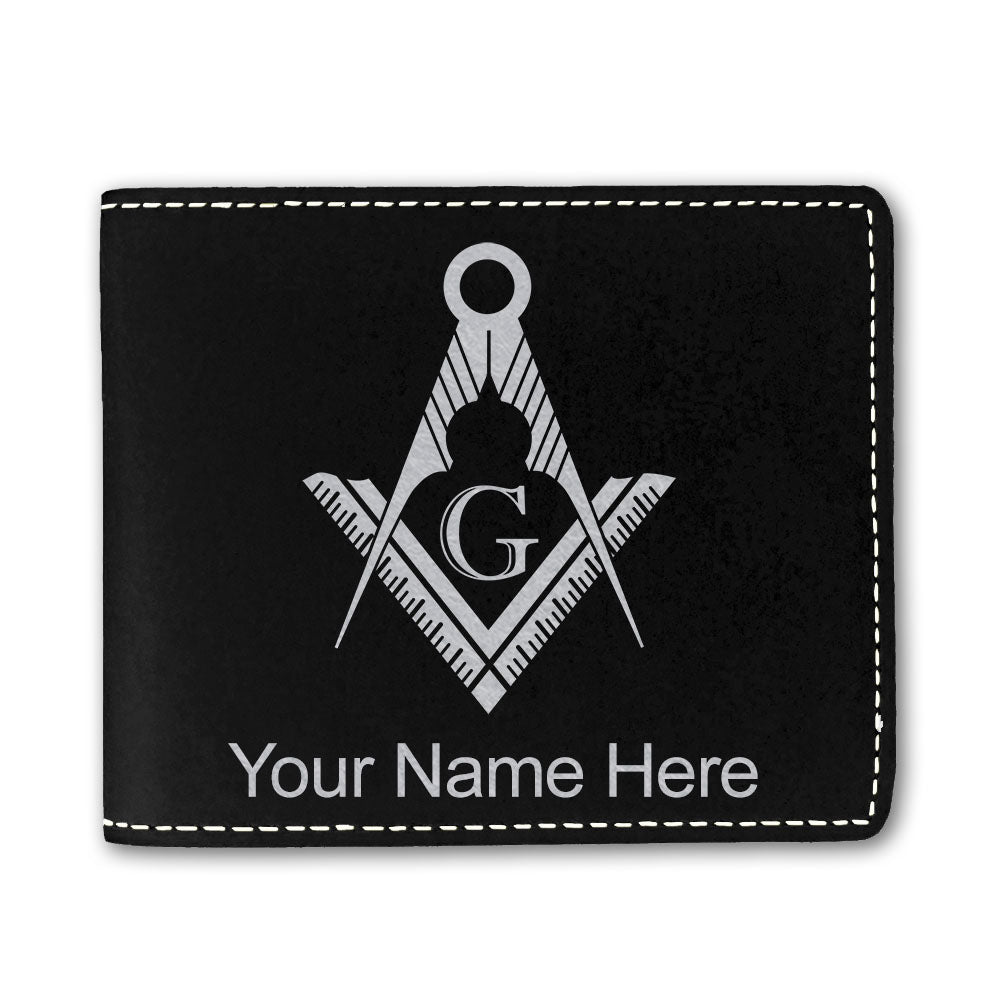 Faux Leather Bi-Fold Wallet, Freemason Symbol, Personalized Engraving Included