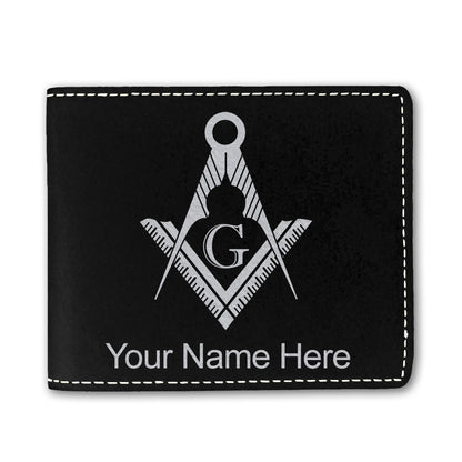 Faux Leather Bi-Fold Wallet, Freemason Symbol, Personalized Engraving Included