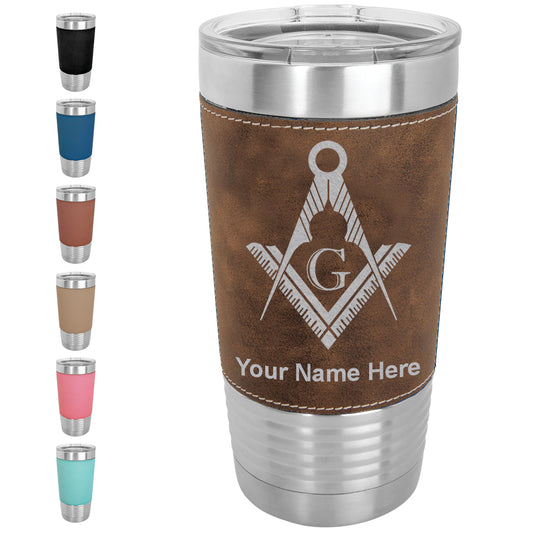 20oz Faux Leather Tumbler Mug, Freemason Symbol, Personalized Engraving Included - LaserGram Custom Engraved Gifts