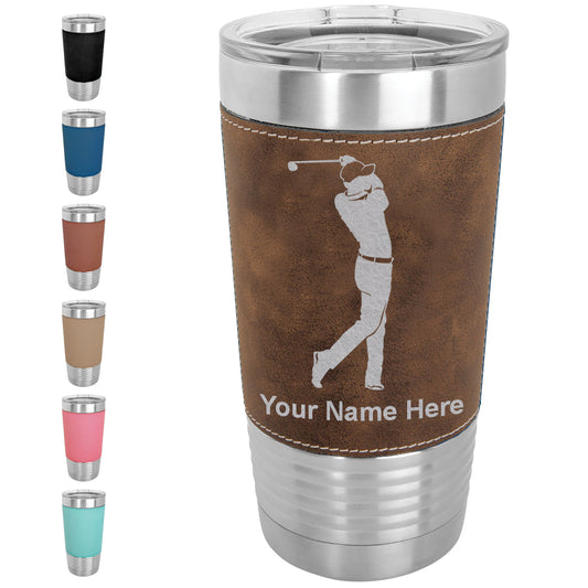 20oz Faux Leather Tumbler Mug, Golfer Golfing, Personalized Engraving Included - LaserGram Custom Engraved Gifts