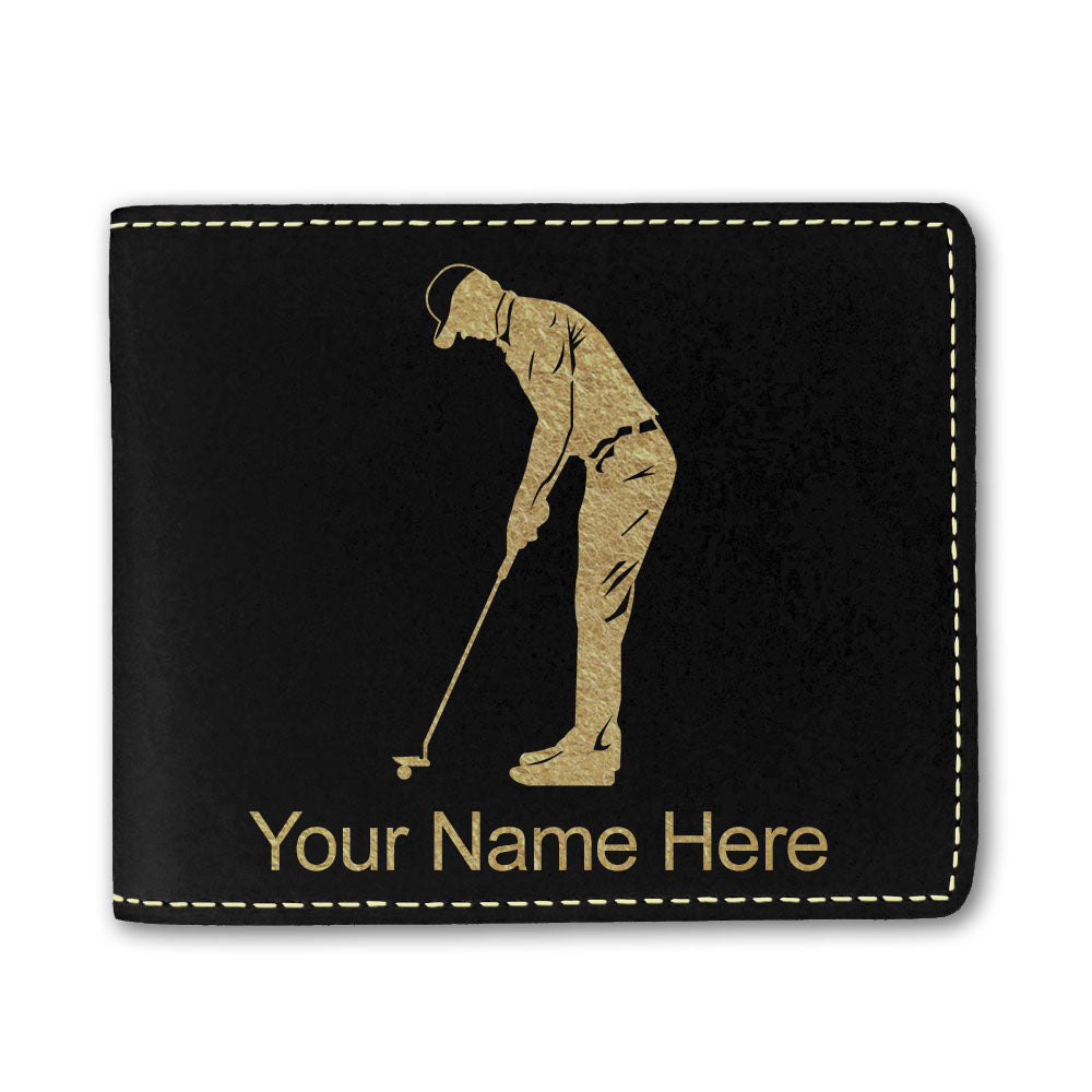 Faux Leather Bi-Fold Wallet, Golfer Putting, Personalized Engraving Included