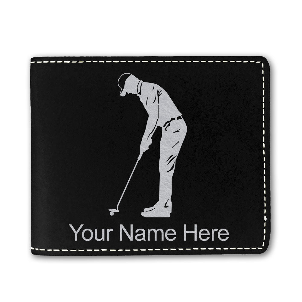Faux Leather Bi-Fold Wallet, Golfer Putting, Personalized Engraving Included