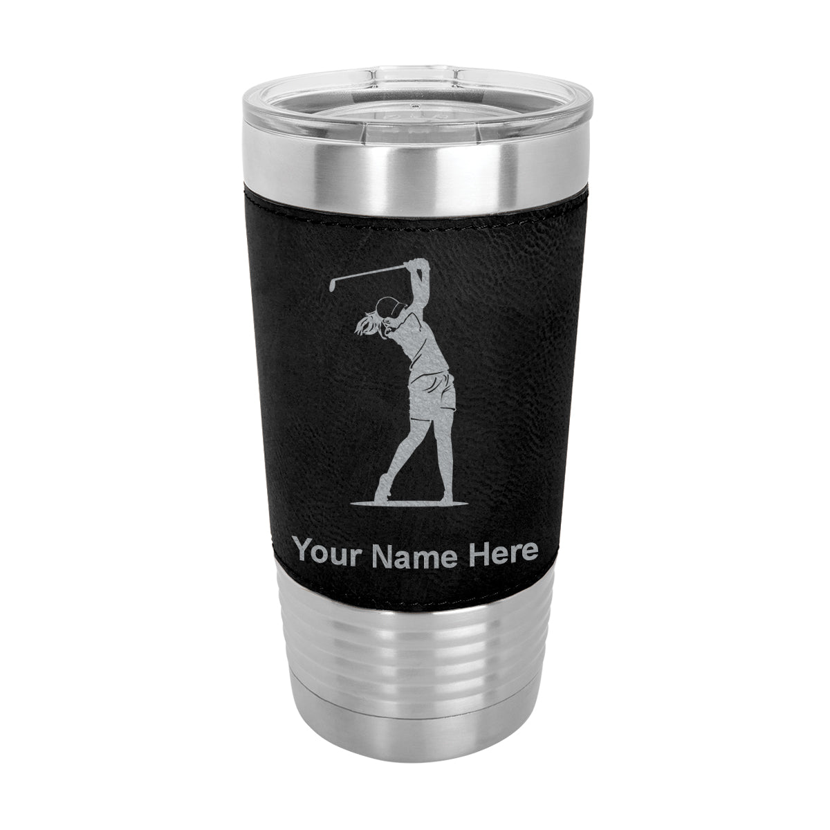 20oz Faux Leather Tumbler Mug, Golfer Woman, Personalized Engraving Included - LaserGram Custom Engraved Gifts