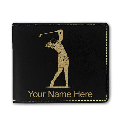 Faux Leather Bi-Fold Wallet, Golfer Woman, Personalized Engraving Included