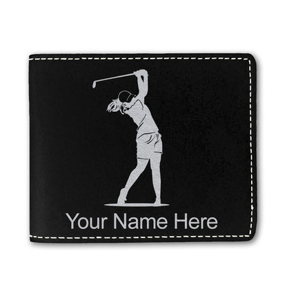 Faux Leather Bi-Fold Wallet, Golfer Woman, Personalized Engraving Included