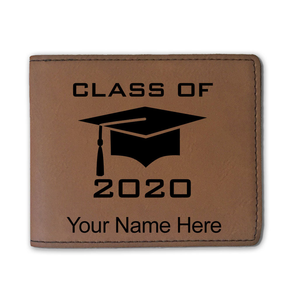 Faux Leather Bi-Fold Wallet, Grad Cap Class of 2020, 2021, 2022, 2023, 2024, 2025, Personalized Engraving Included