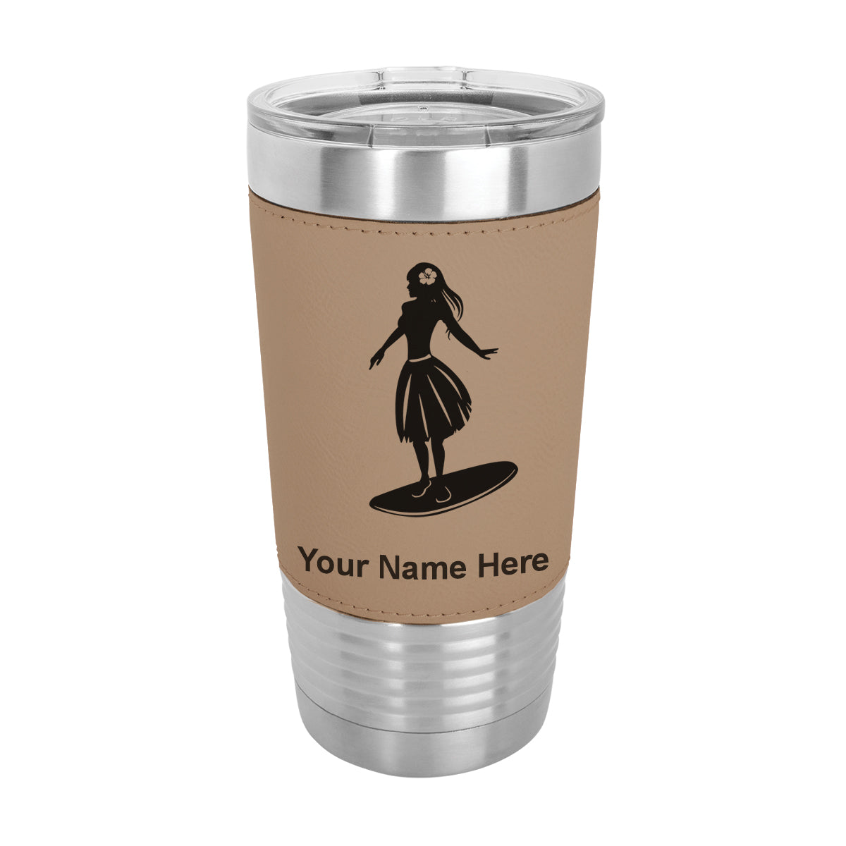 20oz Faux Leather Tumbler Mug, Hawaiian Surfer Girl, Personalized Engraving Included - LaserGram Custom Engraved Gifts