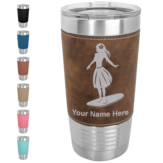 20oz Faux Leather Tumbler Mug, Hawaiian Surfer Girl, Personalized Engraving Included - LaserGram Custom Engraved Gifts