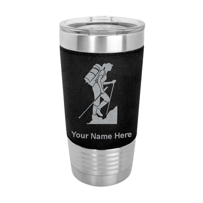 20oz Faux Leather Tumbler Mug, Hiker Woman, Personalized Engraving Included - LaserGram Custom Engraved Gifts