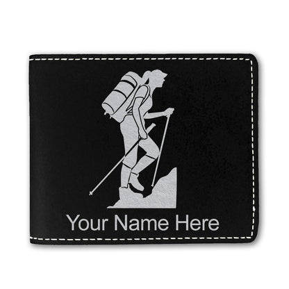 Faux Leather Bi-Fold Wallet, Hiker Woman, Personalized Engraving Included