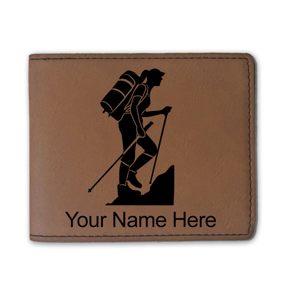 Faux Leather Bi-Fold Wallet, Hiker Woman, Personalized Engraving Included