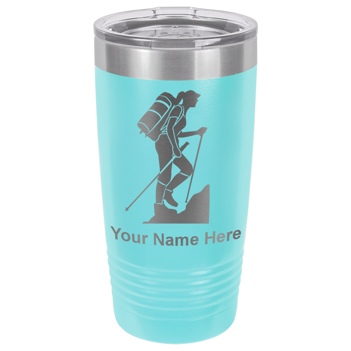 20oz Vacuum Insulated Tumbler Mug, Hiker Woman, Personalized Engraving Included