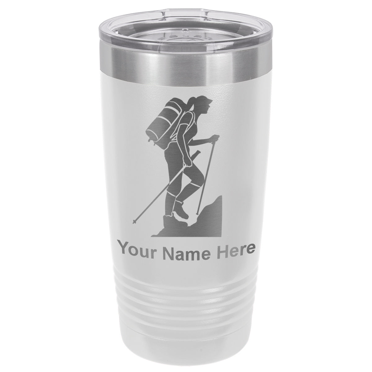 20oz Vacuum Insulated Tumbler Mug, Hiker Woman, Personalized Engraving Included