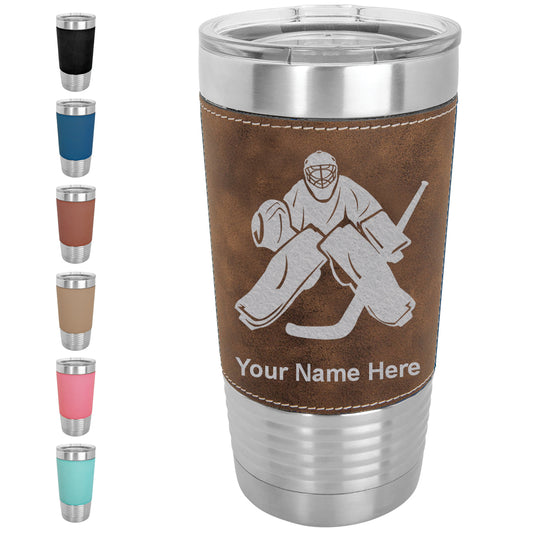 20oz Faux Leather Tumbler Mug, Hockey Goalie, Personalized Engraving Included - LaserGram Custom Engraved Gifts