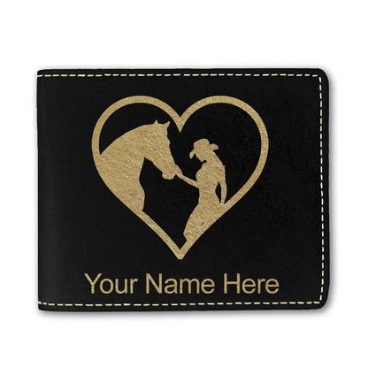Faux Leather Bi-Fold Wallet, Horse Cowgirl Heart, Personalized Engraving Included