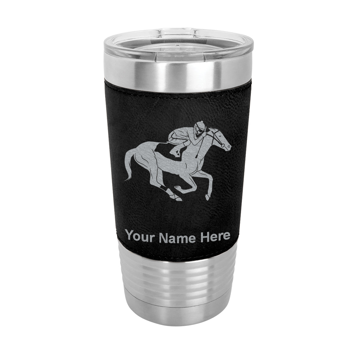 20oz Faux Leather Tumbler Mug, Horse Racing, Personalized Engraving Included - LaserGram Custom Engraved Gifts