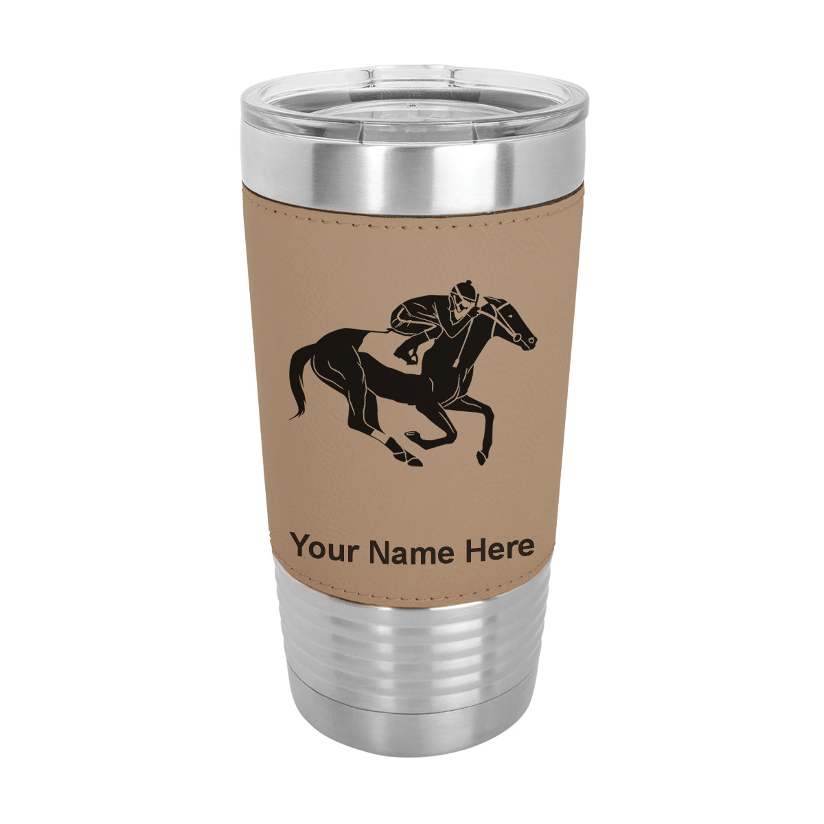 20oz Faux Leather Tumbler Mug, Horse Racing, Personalized Engraving Included - LaserGram Custom Engraved Gifts