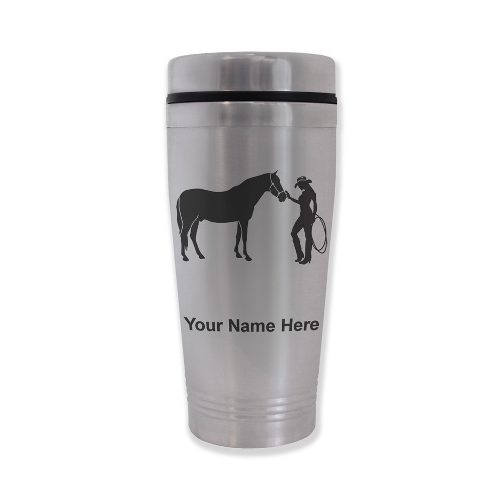 Commuter Travel Mug, Horse and Cowgirl, Personalized Engraving Included