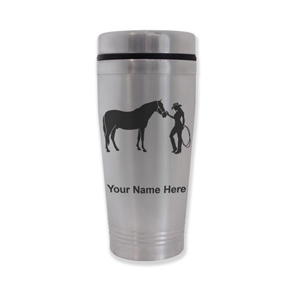 Commuter Travel Mug, Horse and Cowgirl, Personalized Engraving Included