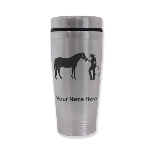 Commuter Travel Mug, Horse and Cowgirl, Personalized Engraving Included