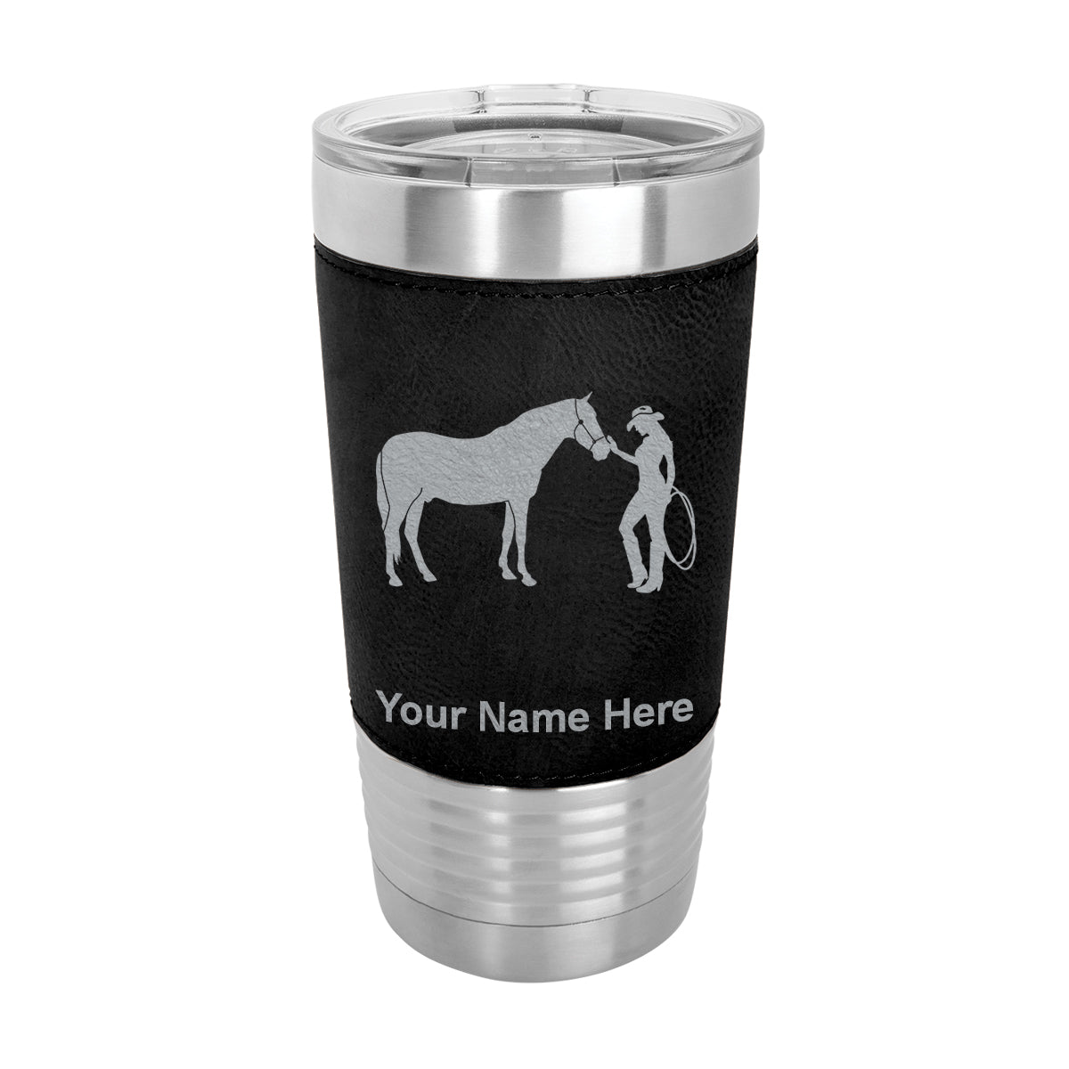 20oz Faux Leather Tumbler Mug, Horse and Cowgirl, Personalized Engraving Included - LaserGram Custom Engraved Gifts