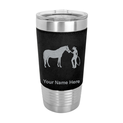 20oz Faux Leather Tumbler Mug, Horse and Cowgirl, Personalized Engraving Included - LaserGram Custom Engraved Gifts