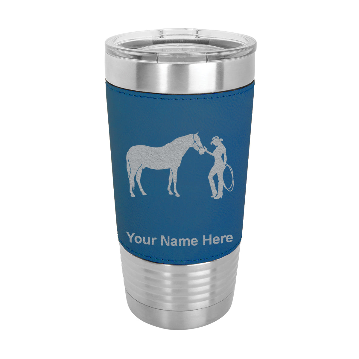 20oz Faux Leather Tumbler Mug, Horse and Cowgirl, Personalized Engraving Included - LaserGram Custom Engraved Gifts