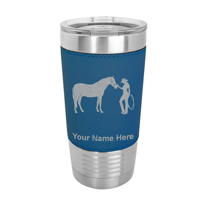 20oz Faux Leather Tumbler Mug, Horse and Cowgirl, Personalized Engraving Included - LaserGram Custom Engraved Gifts
