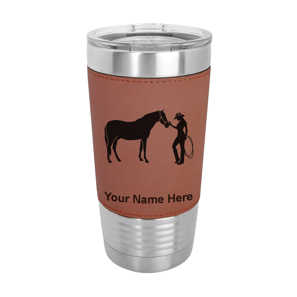 20oz Faux Leather Tumbler Mug, Horse and Cowgirl, Personalized Engraving Included - LaserGram Custom Engraved Gifts