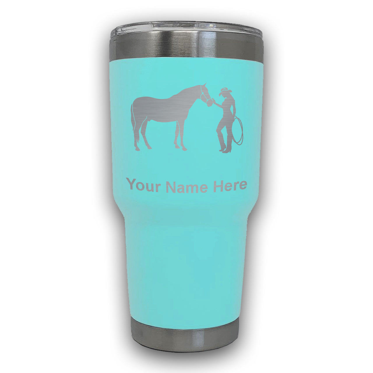 LaserGram 30oz Tumbler Mug, Horse and Cowgirl, Personalized Engraving Included