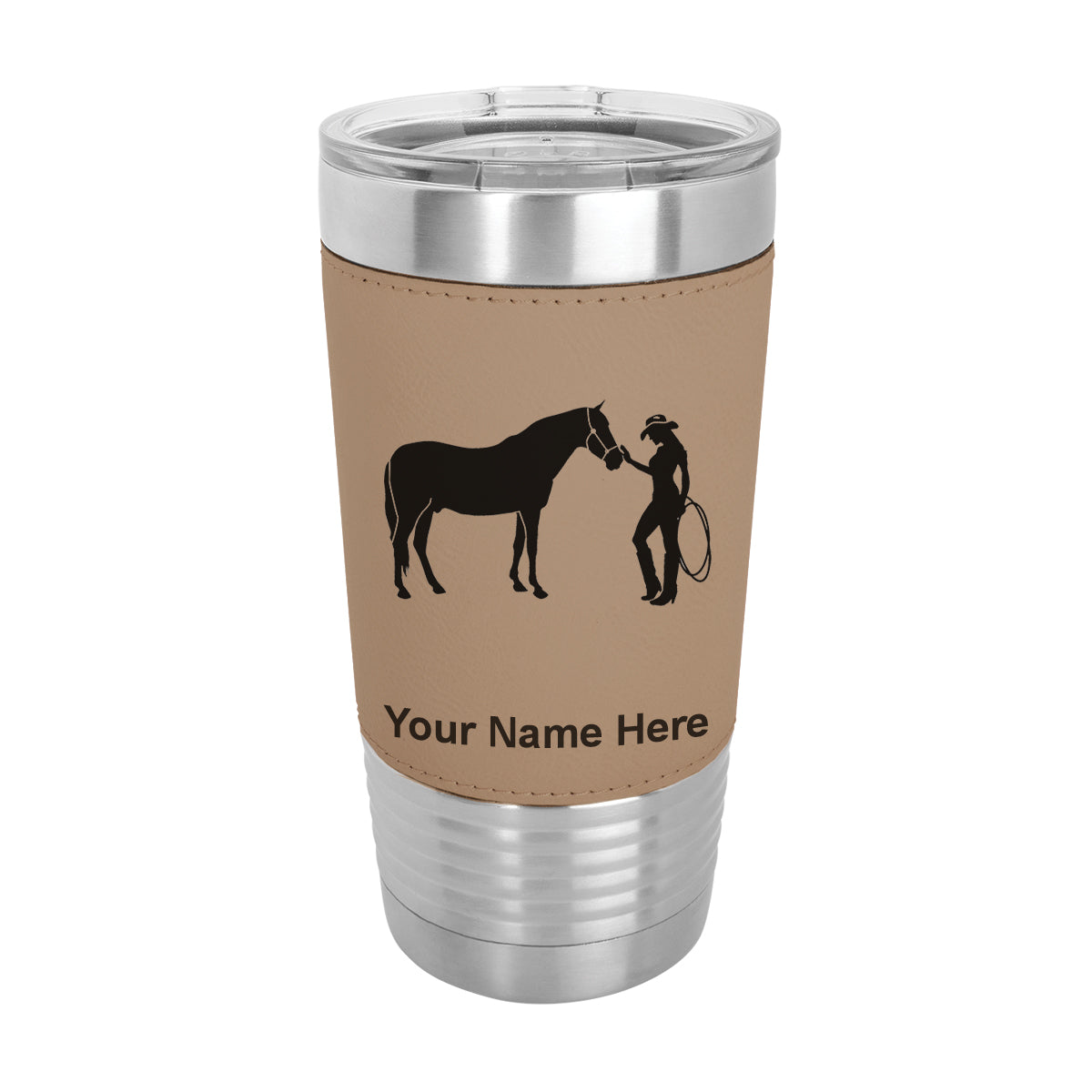 20oz Faux Leather Tumbler Mug, Horse and Cowgirl, Personalized Engraving Included - LaserGram Custom Engraved Gifts