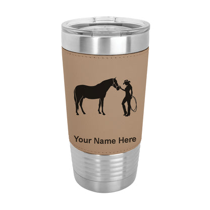 20oz Faux Leather Tumbler Mug, Horse and Cowgirl, Personalized Engraving Included - LaserGram Custom Engraved Gifts
