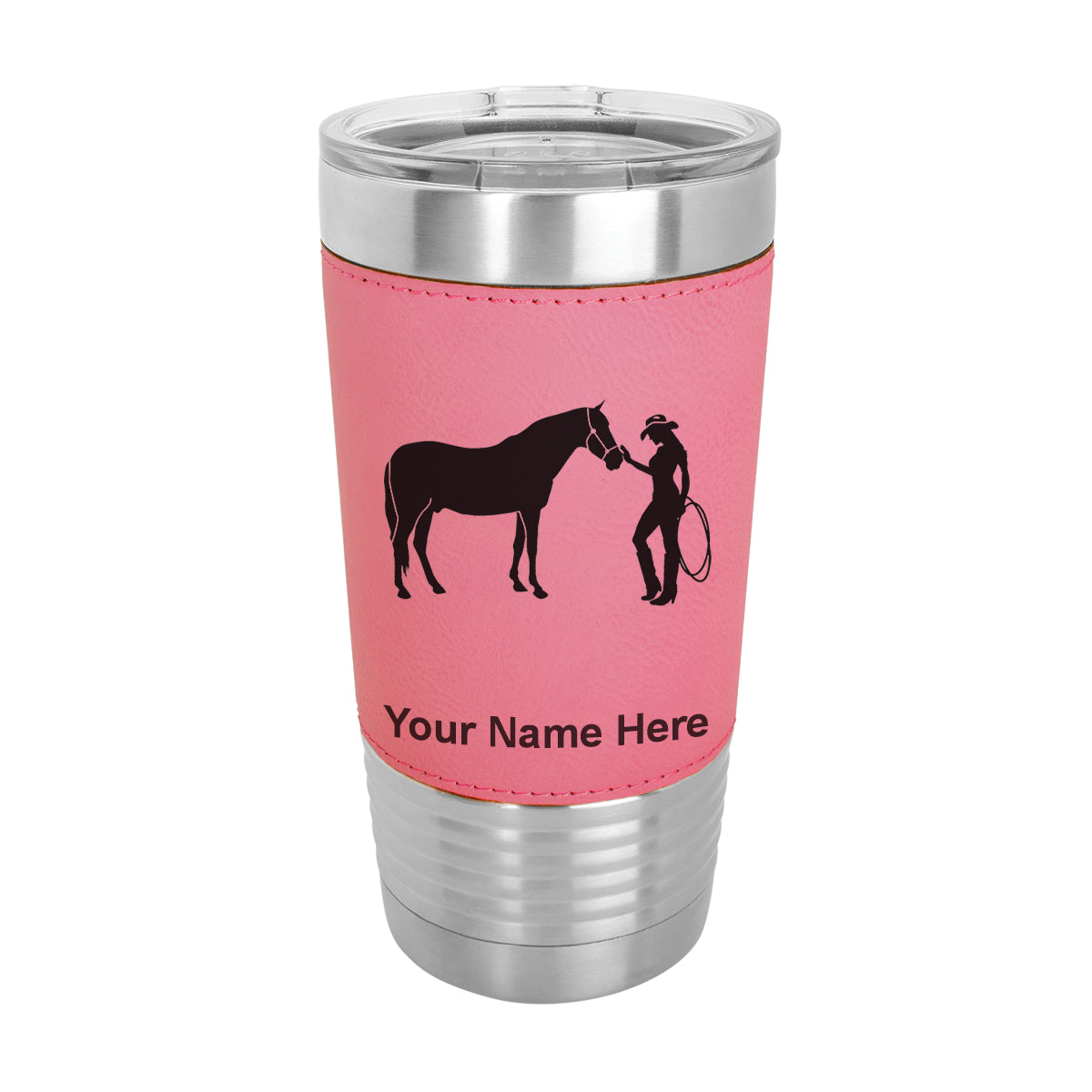 20oz Faux Leather Tumbler Mug, Horse and Cowgirl, Personalized Engraving Included - LaserGram Custom Engraved Gifts