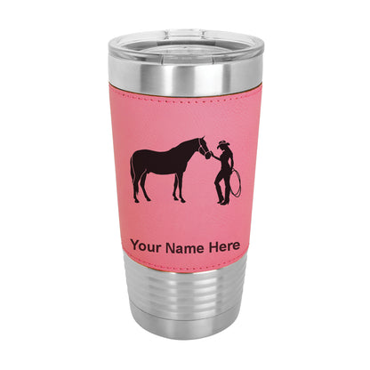 20oz Faux Leather Tumbler Mug, Horse and Cowgirl, Personalized Engraving Included - LaserGram Custom Engraved Gifts