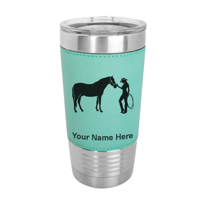 20oz Faux Leather Tumbler Mug, Horse and Cowgirl, Personalized Engraving Included - LaserGram Custom Engraved Gifts