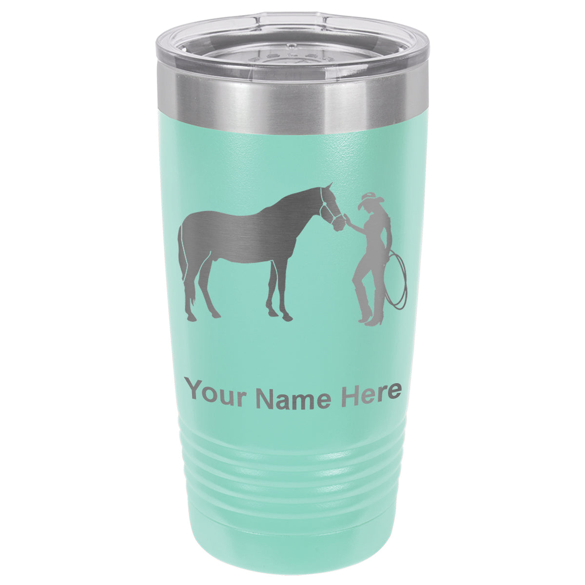 20oz Vacuum Insulated Tumbler Mug, Horse and Cowgirl, Personalized Engraving Included