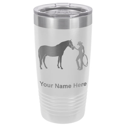 20oz Vacuum Insulated Tumbler Mug, Horse and Cowgirl, Personalized Engraving Included