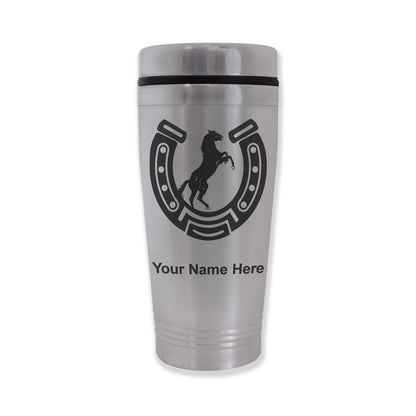Commuter Travel Mug, Horseshoe with Horse, Personalized Engraving Included