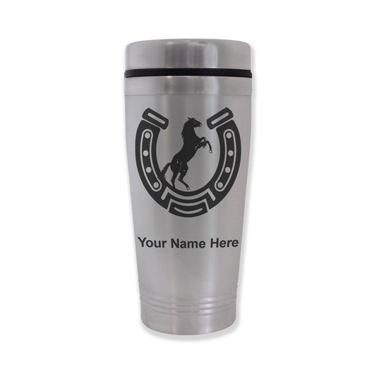 Commuter Travel Mug, Horseshoe with Horse, Personalized Engraving Included