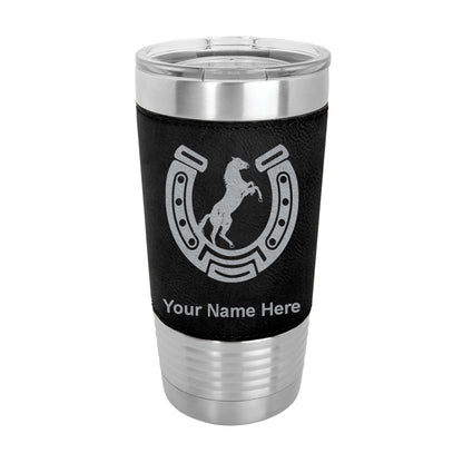 20oz Faux Leather Tumbler Mug, Horseshoe with Horse, Personalized Engraving Included - LaserGram Custom Engraved Gifts
