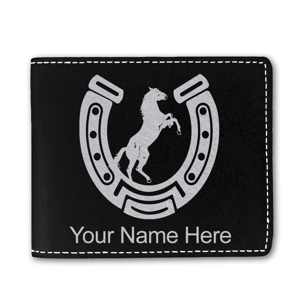 Faux Leather Bi-Fold Wallet, Horseshoe with Horse, Personalized Engraving Included