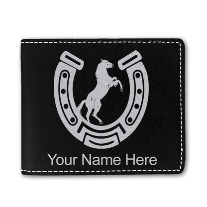 Faux Leather Bi-Fold Wallet, Horseshoe with Horse, Personalized Engraving Included