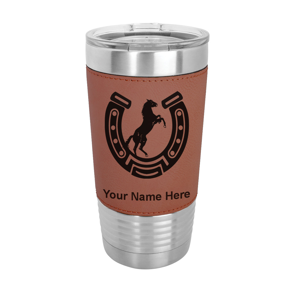 20oz Faux Leather Tumbler Mug, Horseshoe with Horse, Personalized Engraving Included - LaserGram Custom Engraved Gifts