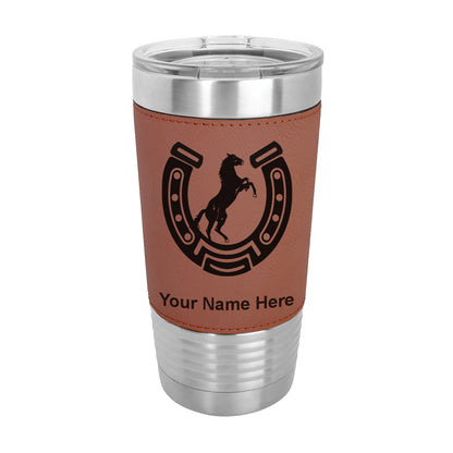 20oz Faux Leather Tumbler Mug, Horseshoe with Horse, Personalized Engraving Included - LaserGram Custom Engraved Gifts